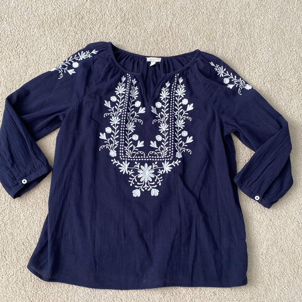 Talbots Navy Blue Embroidered Top
